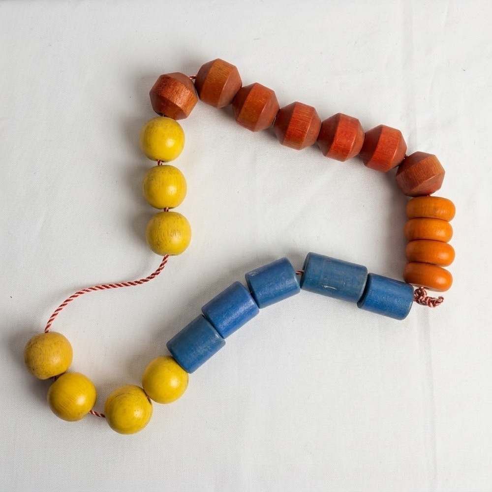 Vintage Wooden Bead Stringing Toy Montessori Geometric Shapes Multi Color 22pc